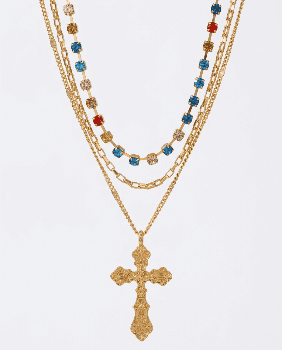 Crystal Cross Pendant Layered Chain Necklace