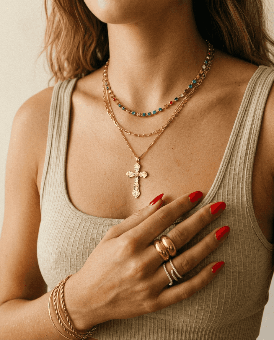 Crystal Cross Pendant Layered Chain Necklace