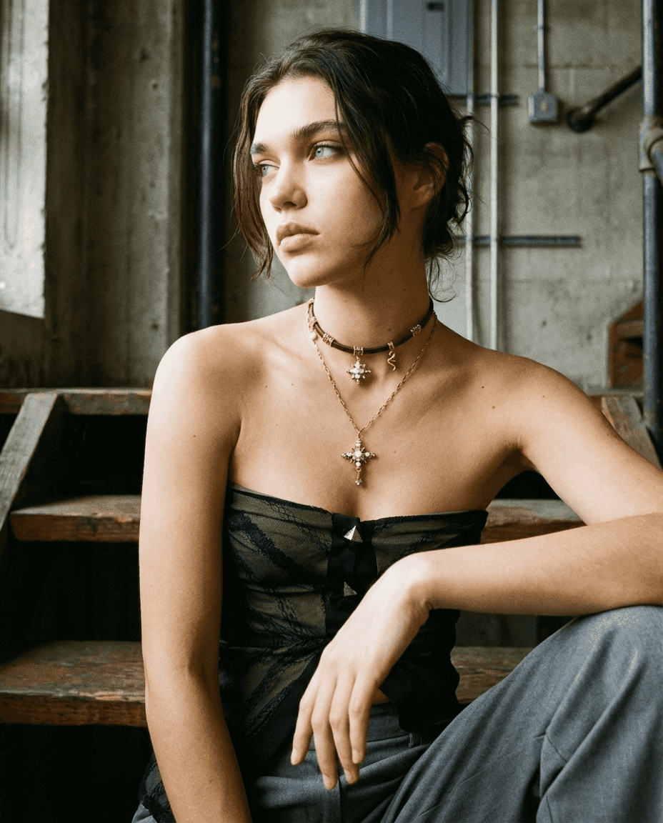 Vintage Starburst Cross Leather Choker Necklace