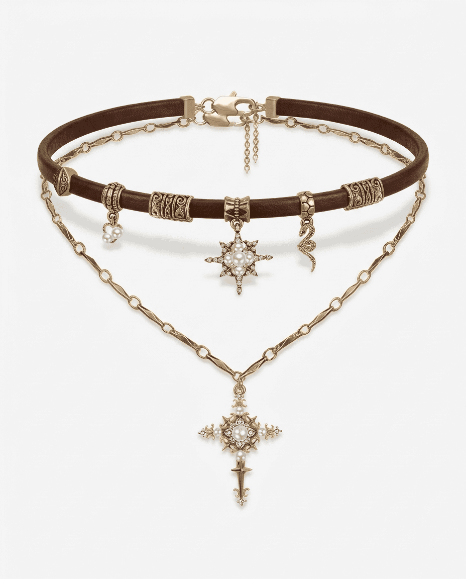 Vintage Starburst Cross Leather Choker Necklace