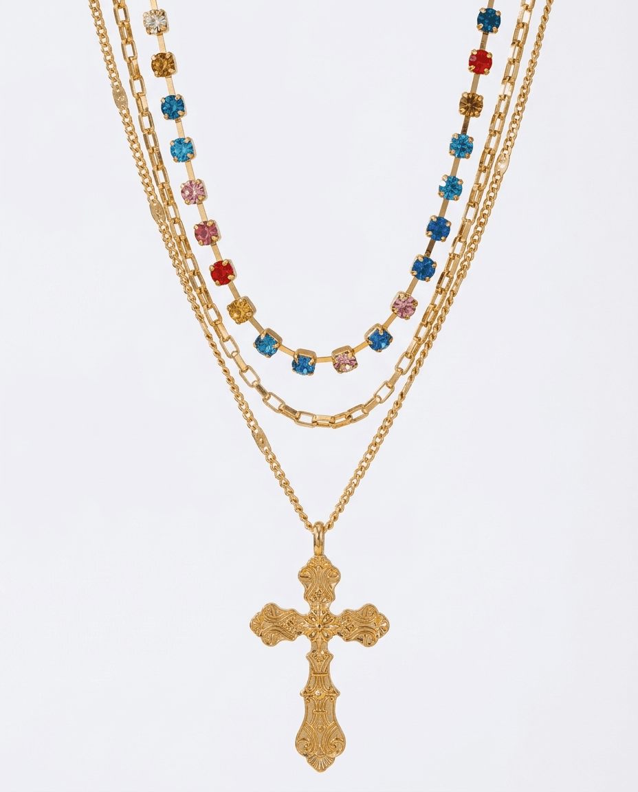 Crystal Cross Pendant Layered Chain Necklace - Image 1