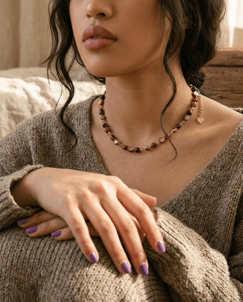 Vintage Tiger Eye and Brown Pearl Beaded Necklace - Image 4