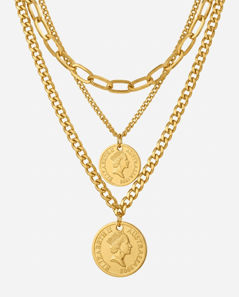 Vintage Coin Pendant Layered Titanium Necklace - Image 1