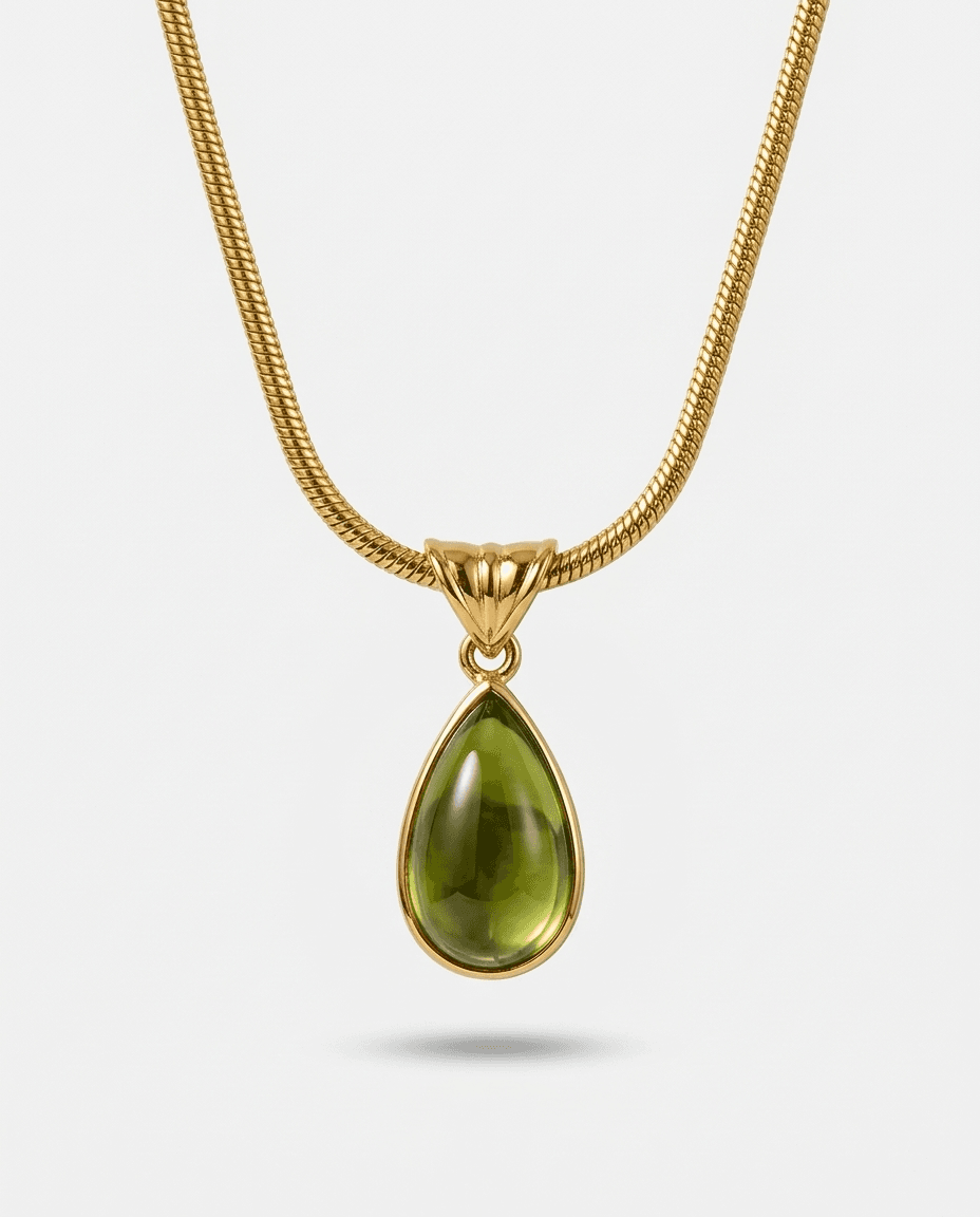 Vintage Olive Green Teardrop Pendant Necklace - Image 1