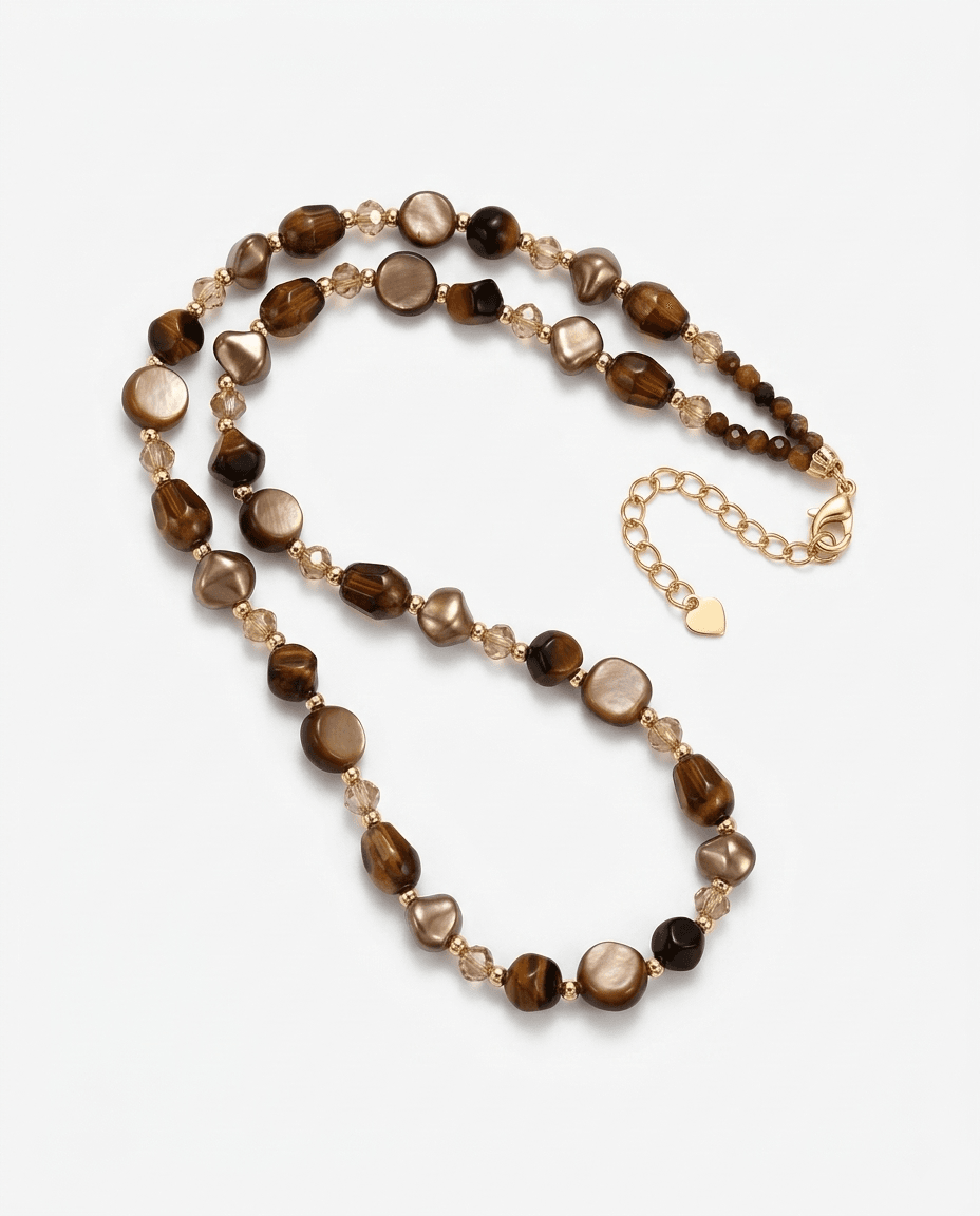 Vintage Tiger Eye and Brown Pearl Beaded Necklace - Image 1