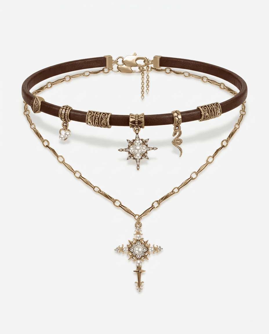 Vintage Starburst Cross Leather Choker Necklace - Image 1