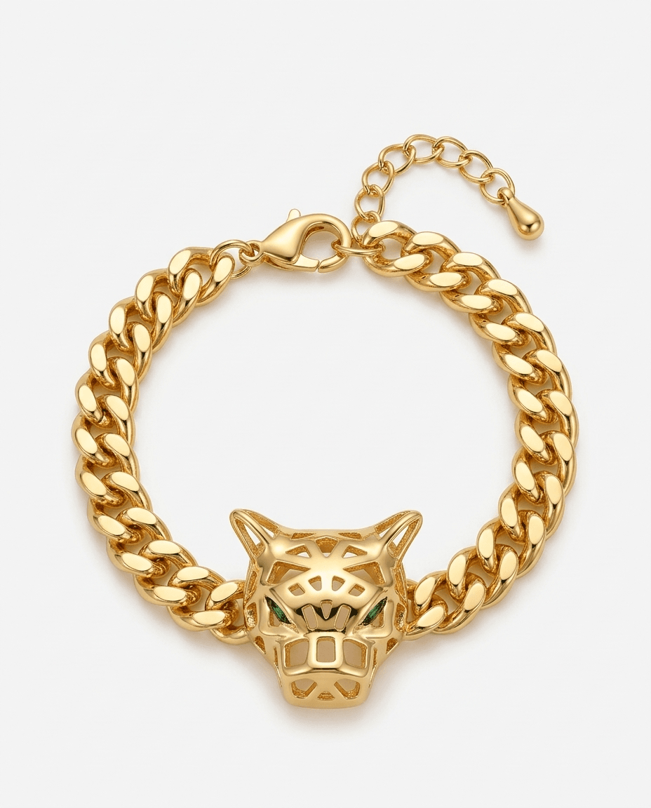 Vintage 18K Gold Plated Emerald Eye Leopard Bracelet - Image 1