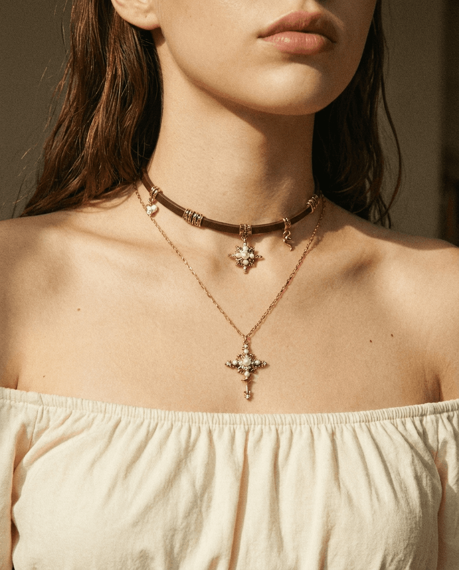 Vintage Starburst Cross Leather Choker Necklace - Image 3