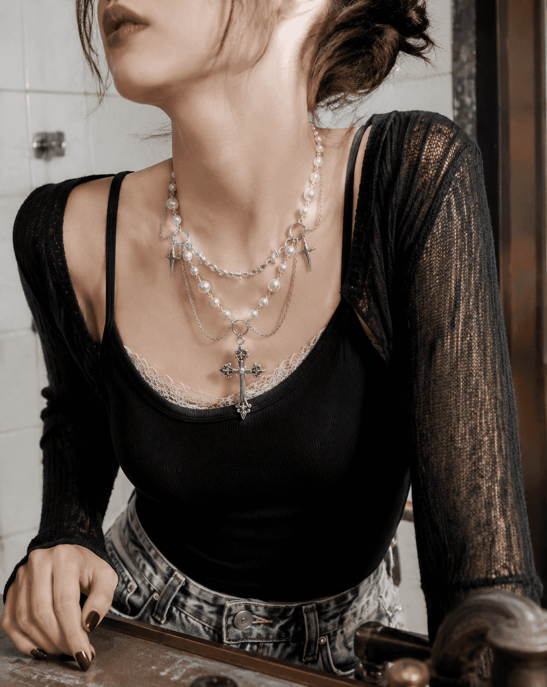 Vintage Gothic Layered Cross Pearl Choker Necklace